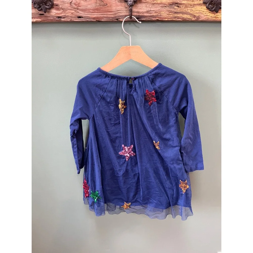 Mini Boden Girls Navy Blue Sequin‎ Star Moon Tulle Dress 5-6Y 116cm Long Sleeve